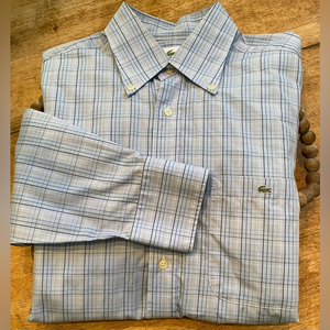 Lacoste Men’s Euro 40/US‎ Medium Blue Plaid 100% Cotton Button Down